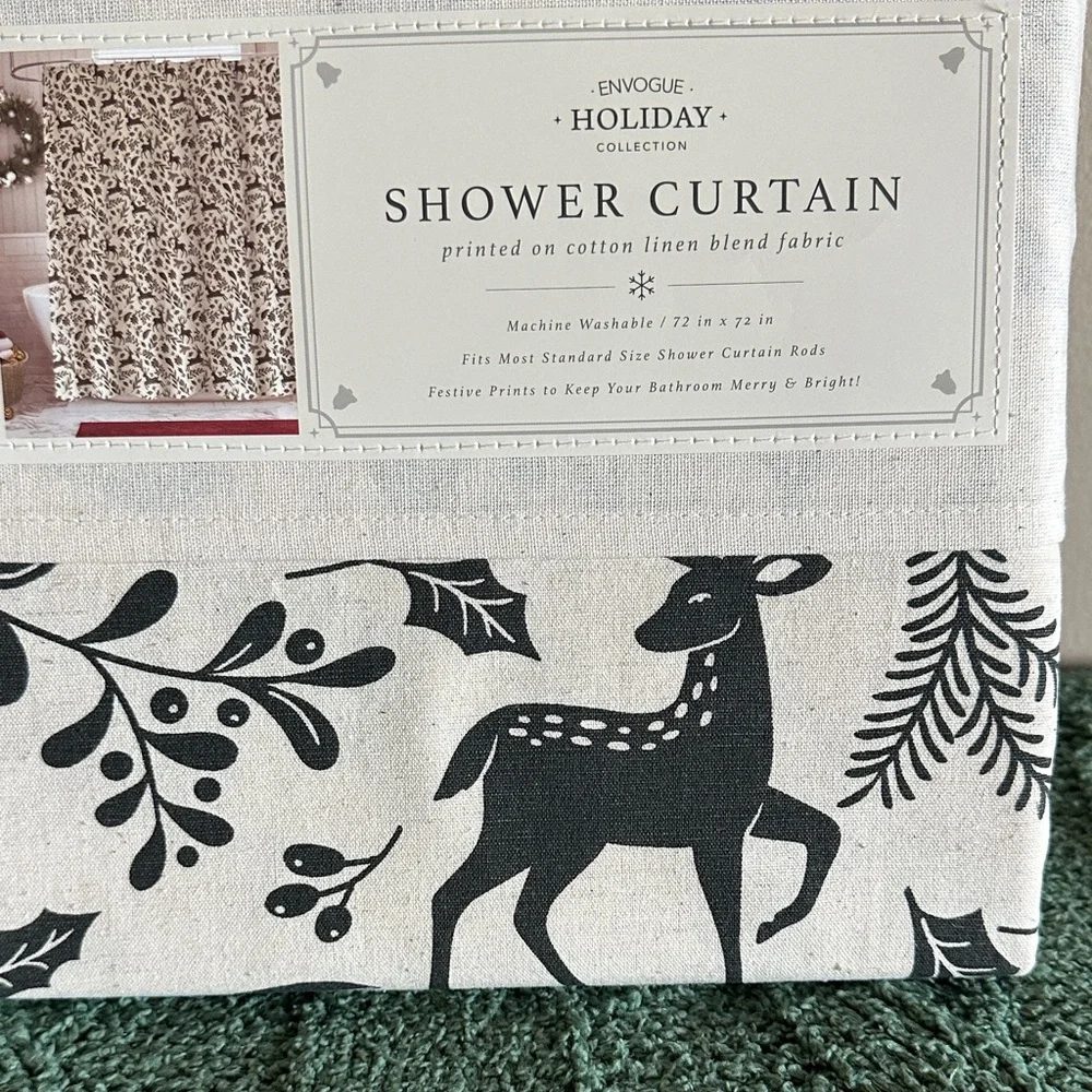 Envogue Black and Cream Holiday Christmas Shower Curtain Reindeer Holly NEW!